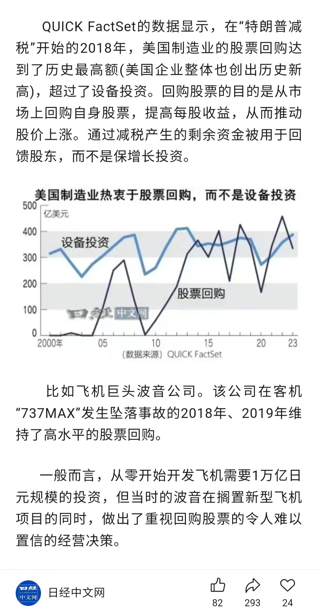 一个公司大量回购而减少资本开支来撑着股价，就好比一个人开始领养老金靠住养老院来维