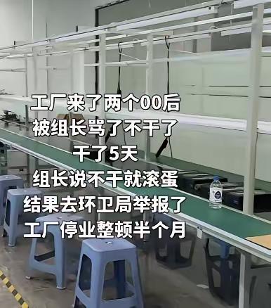 工厂两名00后只干了五天，被组长一句“不干就滚蛋”激怒，当场直接离职。


转头