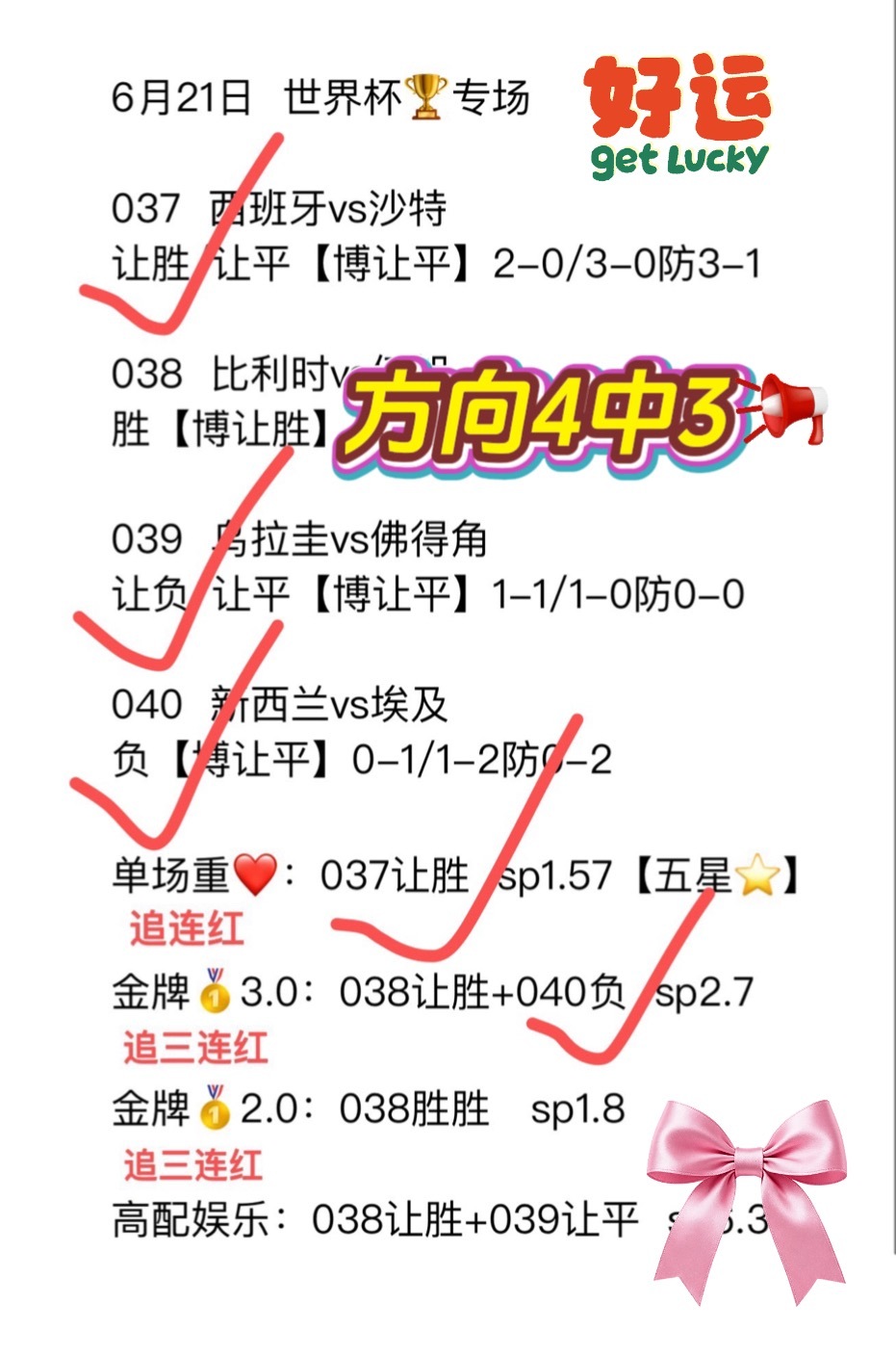 你的努力，终将被好运看见昨日继续强势拿下4✔3，单场重❤️收获2连好评世界杯乌拉