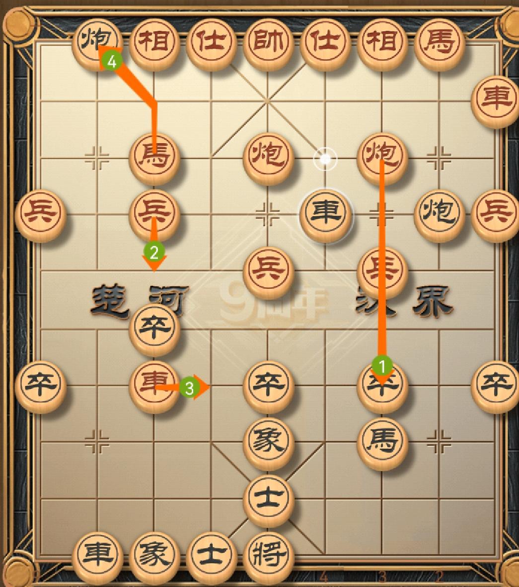 象棋中局战术练习：
本图乃由屏风马对战中炮过河车弃马而形成。面对黑方的攻势，红方