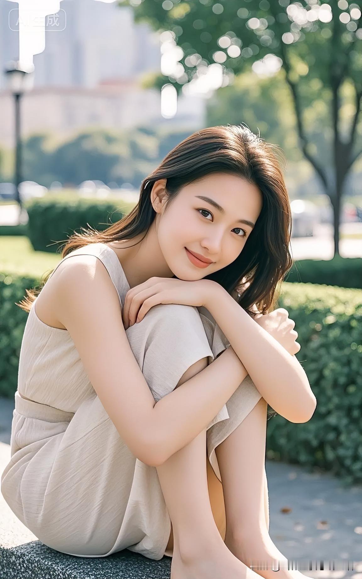 她的笑容如晨曦中的露珠，清新治愈，瞬间点亮了整个夏日绿意。