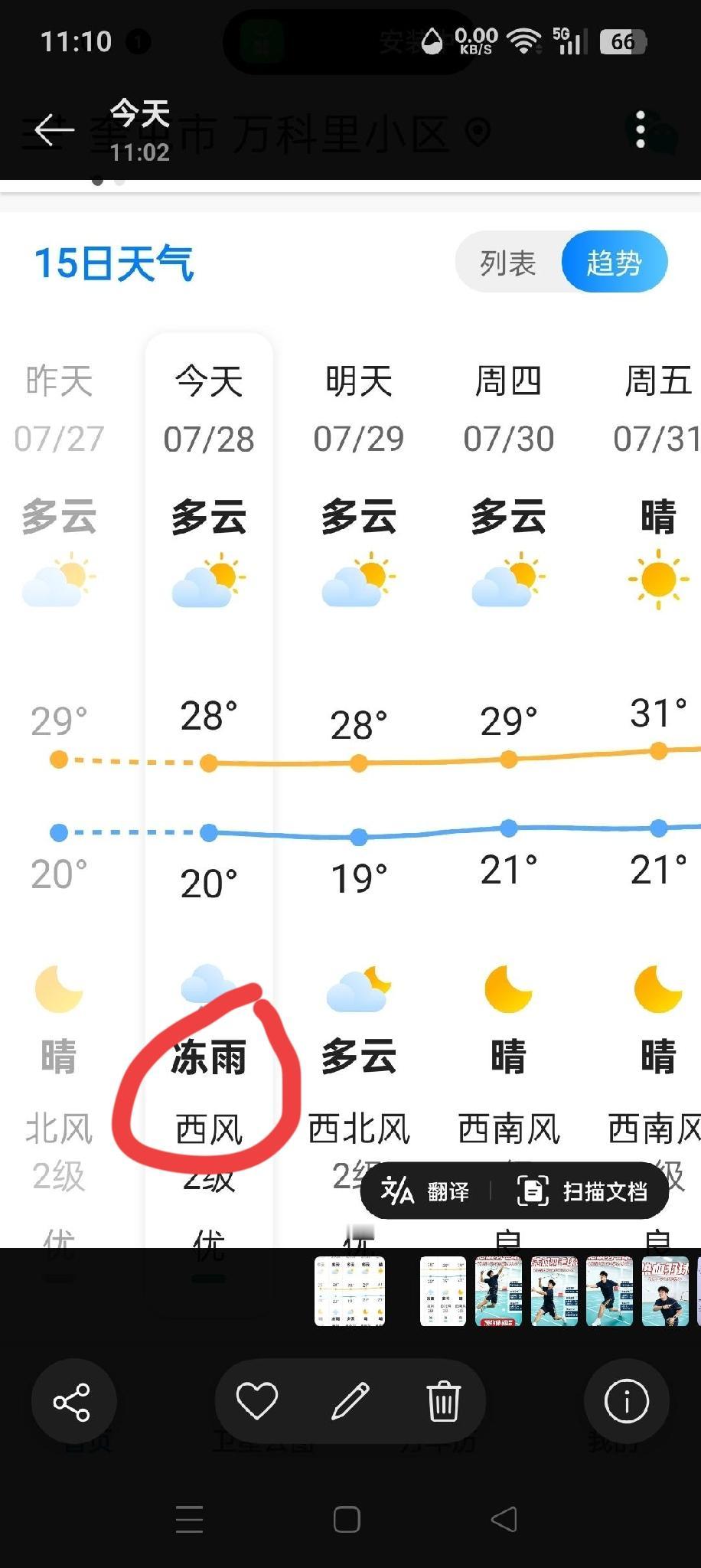 哪位专家给解释下，下面气象预报裁图中7月28日“冻雨”怎么理解？夏天有冻雨吗？历