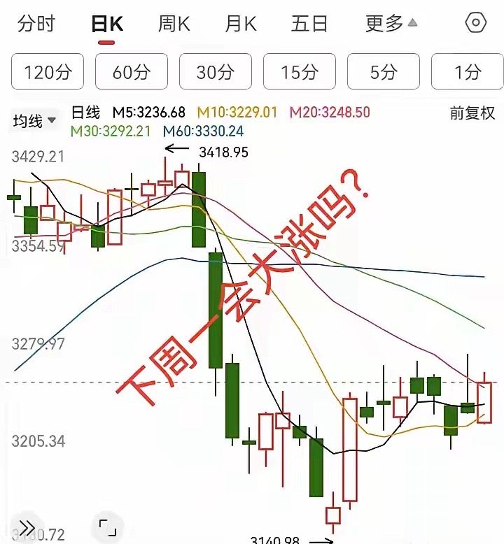 小阳线反抽，下周一会大涨吗？今天大盘上证指数低开高走，震荡走高，缩量收中小阳线。