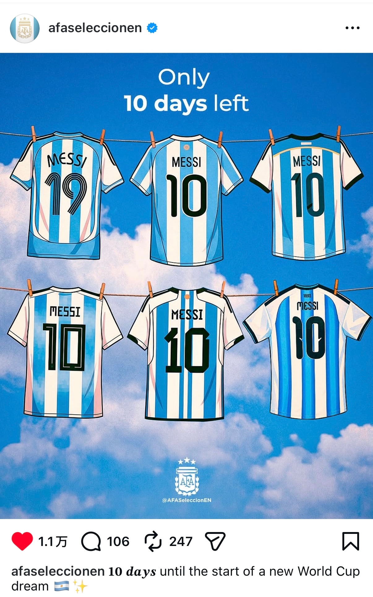 阿根廷国家队ins｜距离新一届世界杯梦想的开启还有10天🇦🇷✨梅西梅西goa