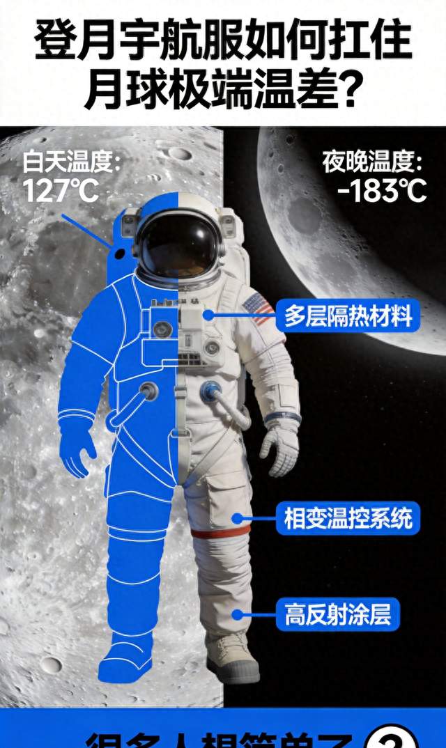 月球白天127℃夜晚零下183℃，登月宇航服凭什么扛住极端温差？