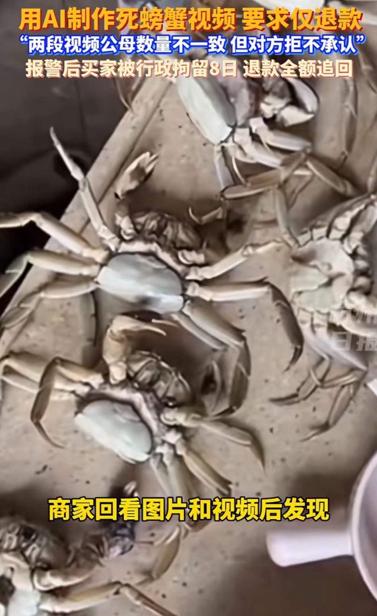 大快人心！这次白嫖党栽了！AI生成死螃蟹视频骗退款，结果被拘8天！
自以为天衣无
