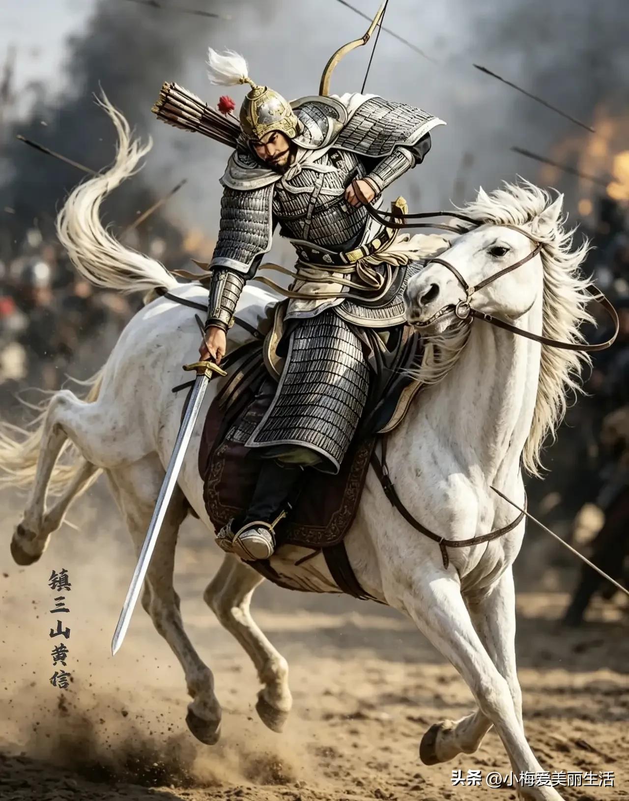 白衣将军驰骋沙场，英姿飒爽。