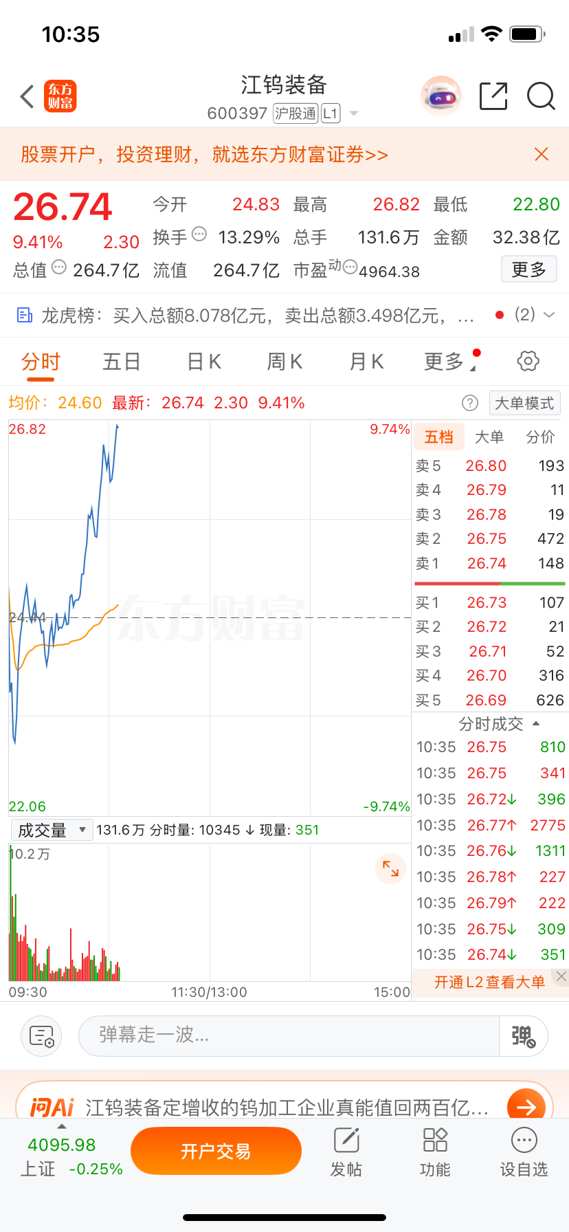 哈哈，钨江装备早上进场的马上要涨停了，此处掌声在哪里178 