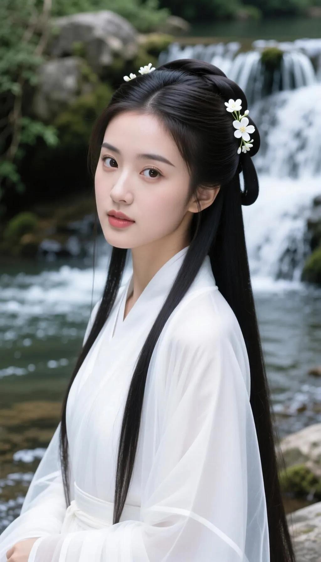 古风少女与瀑布相依，白衣飘飘，宛如仙境。