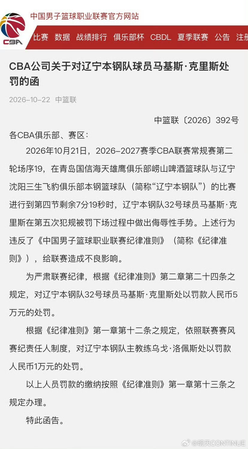 辽篮的处罚得特事特办，必要可以走加急，其它处罚……走着去办[摊手]CBA青岛男篮
