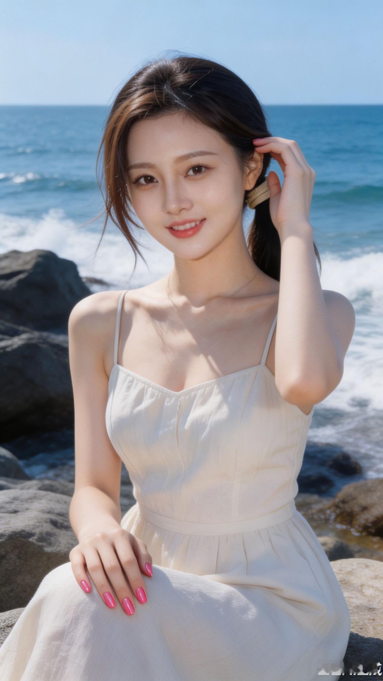 海边美女穿着白色连衣裙，阳光明媚。
