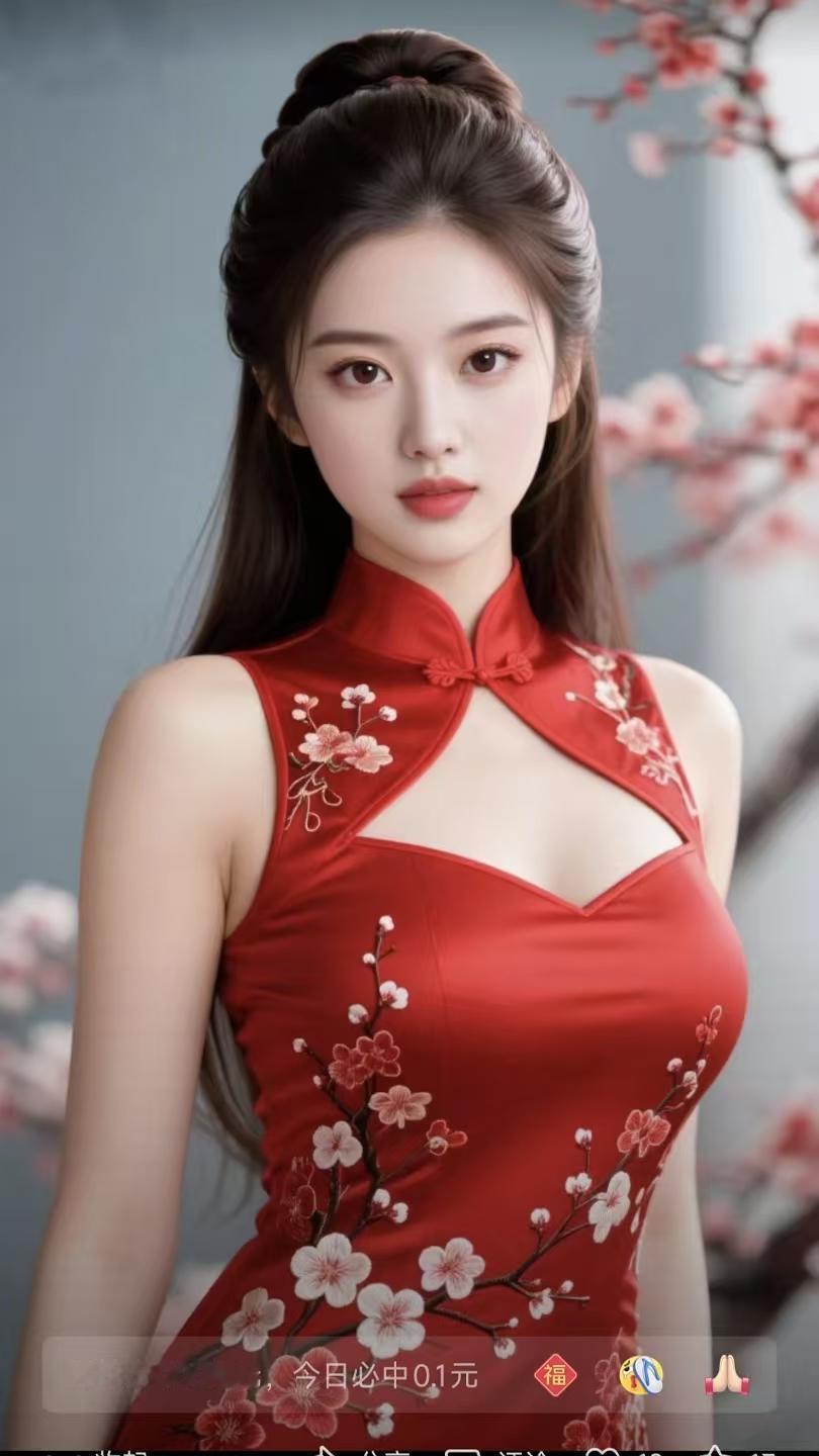 清江引·红袍佳人
红袍缎面风姿俏，
苏绣梅枝妙。
立领扣盘娇，
无袖风姿耀。
晨