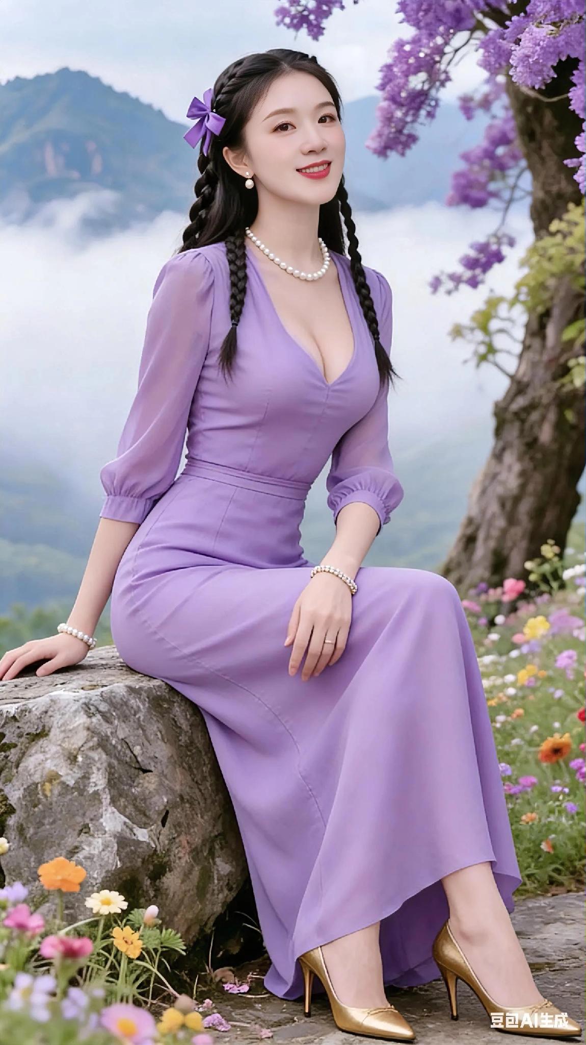 长裙飘飘，轻盈如蝶，仿佛带着一种诗意的优雅，在风中舞动的裙摆，就像是一幅流动的画