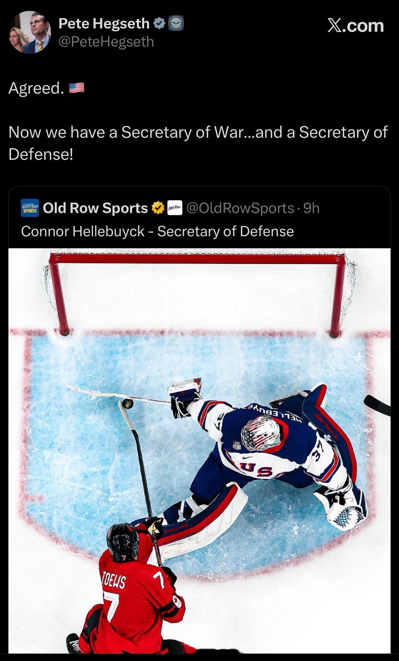 战争部长Hegseth对今天神勇的美国门将Connor Hellebuyck当国