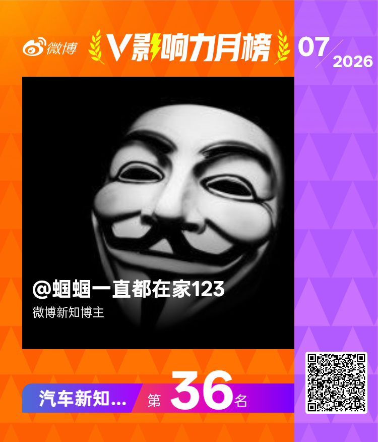 【V影响力榜 2026年07月】「汽车新知博主月榜」揭榜啦！7月65分，又一次及