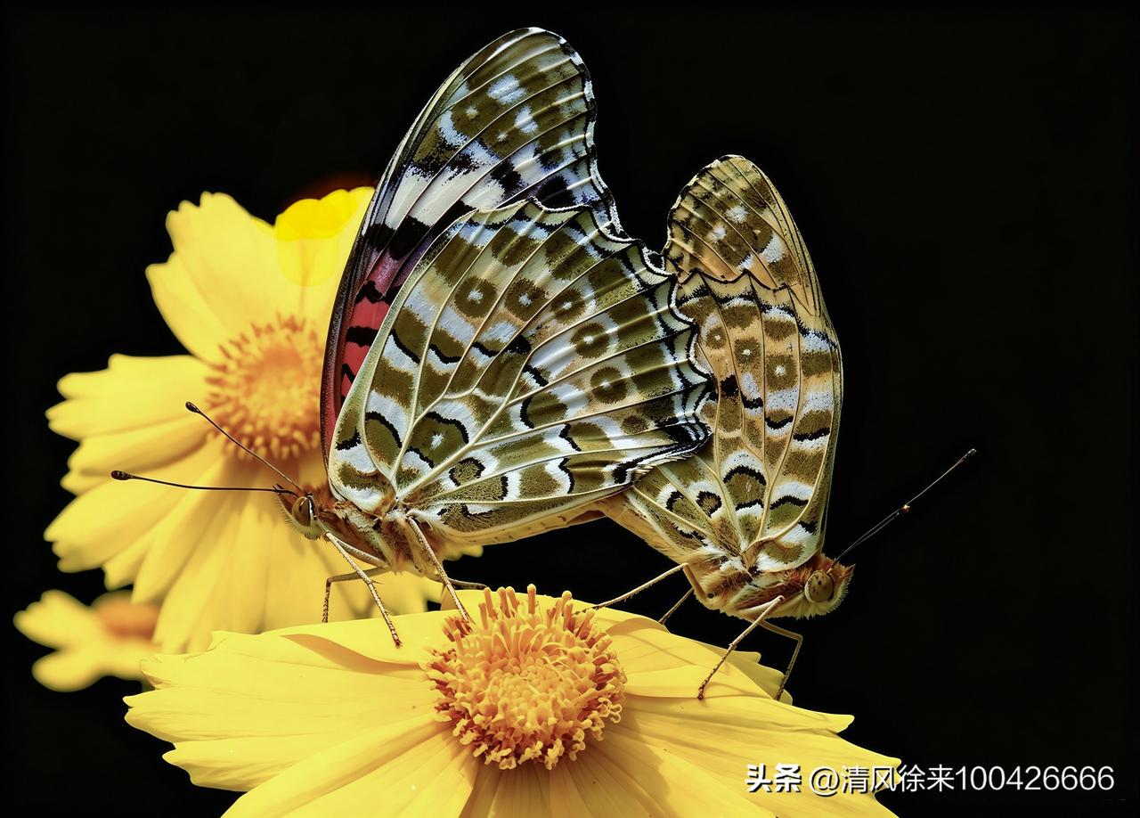 夏日生活打卡季浓黑背景衬得金鸡菊明艳鎏黄，两只彩蝶停落在花蕊之上，翅纹层叠交错，