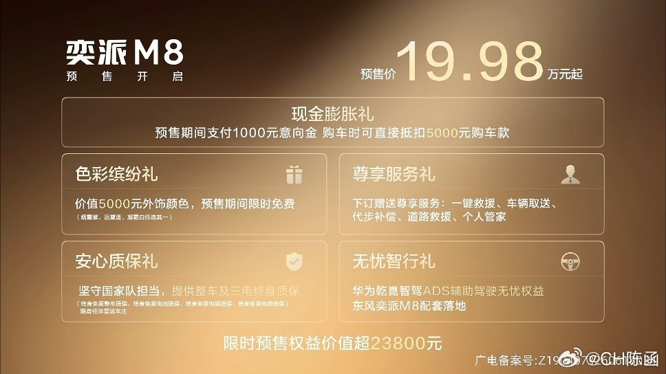 东风奕派M8开启预售 19.98万起有增程，有纯电，纯电续航300km/600k