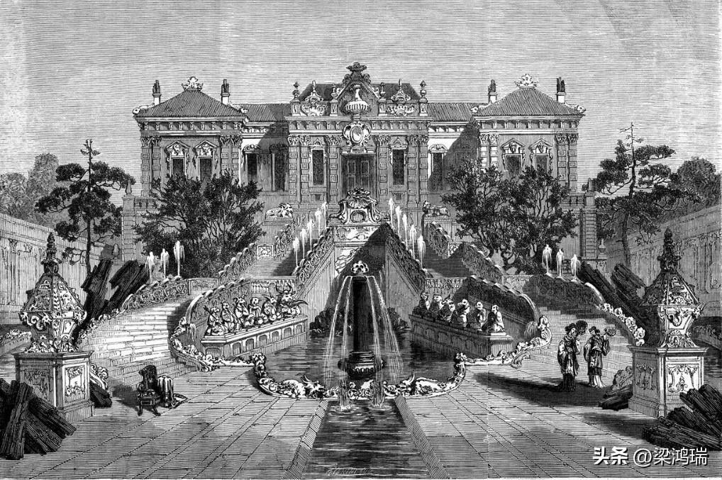 该版画描绘的是中国圆明园长春园内著名的西洋楼建筑——海晏堂。

这幅版画出自 1