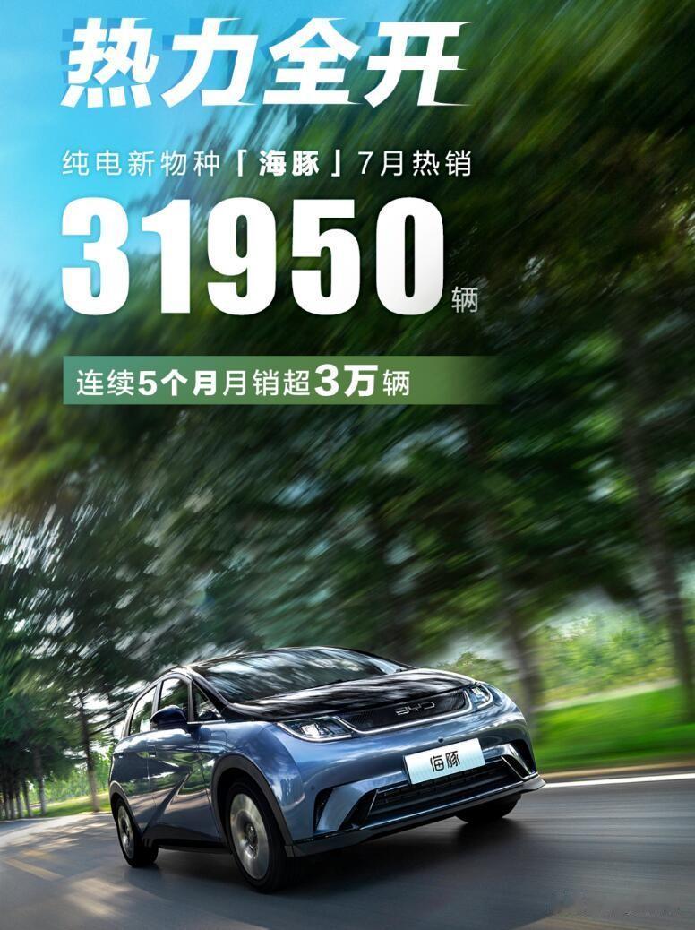 31950辆！比亚迪海豚的7月销量再一次站在了3万辆门槛之上，达到了31950辆
