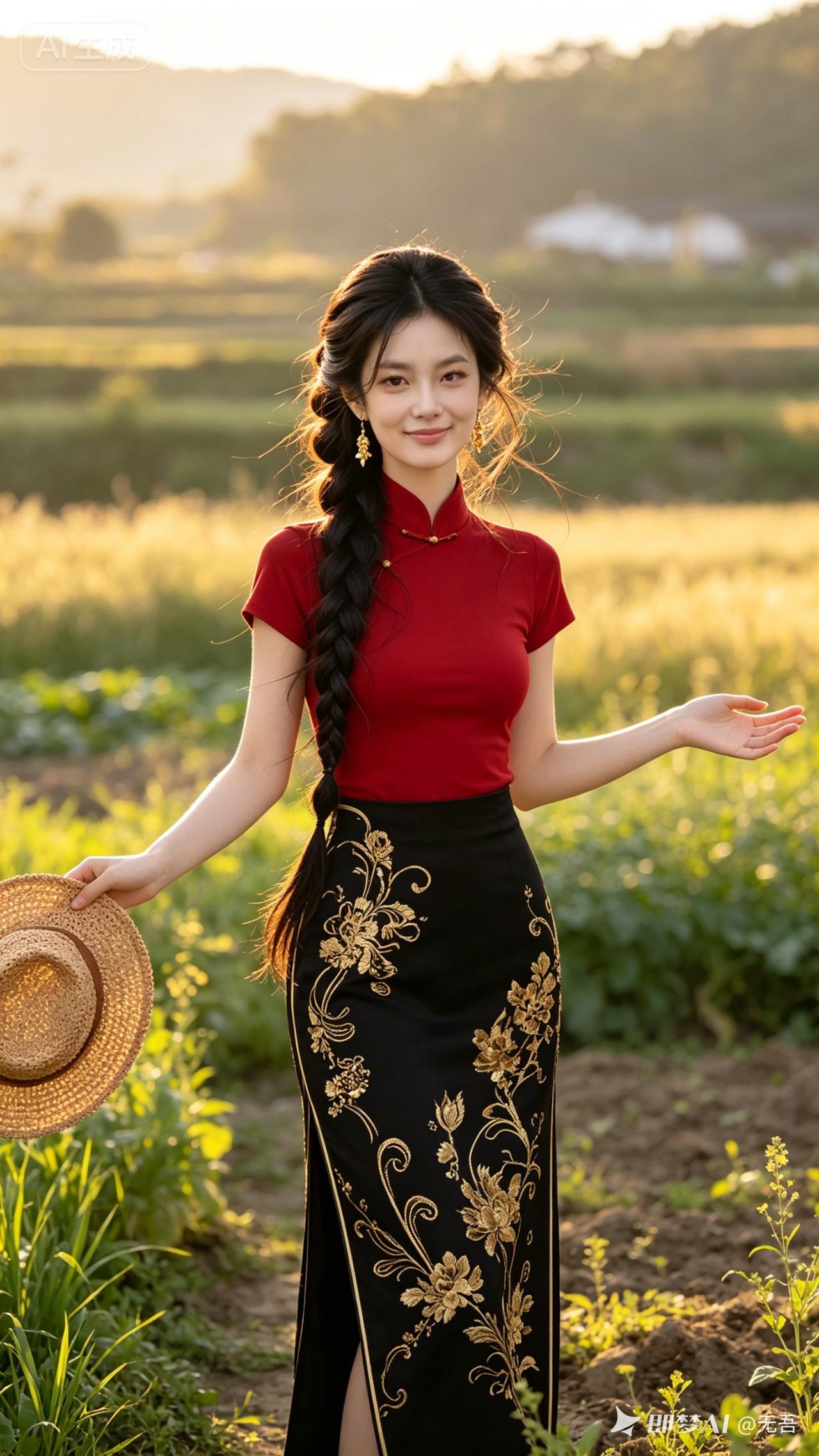田园少女风，红黑相间旗袍，金花点缀，手拿草帽，微笑面对阳光。