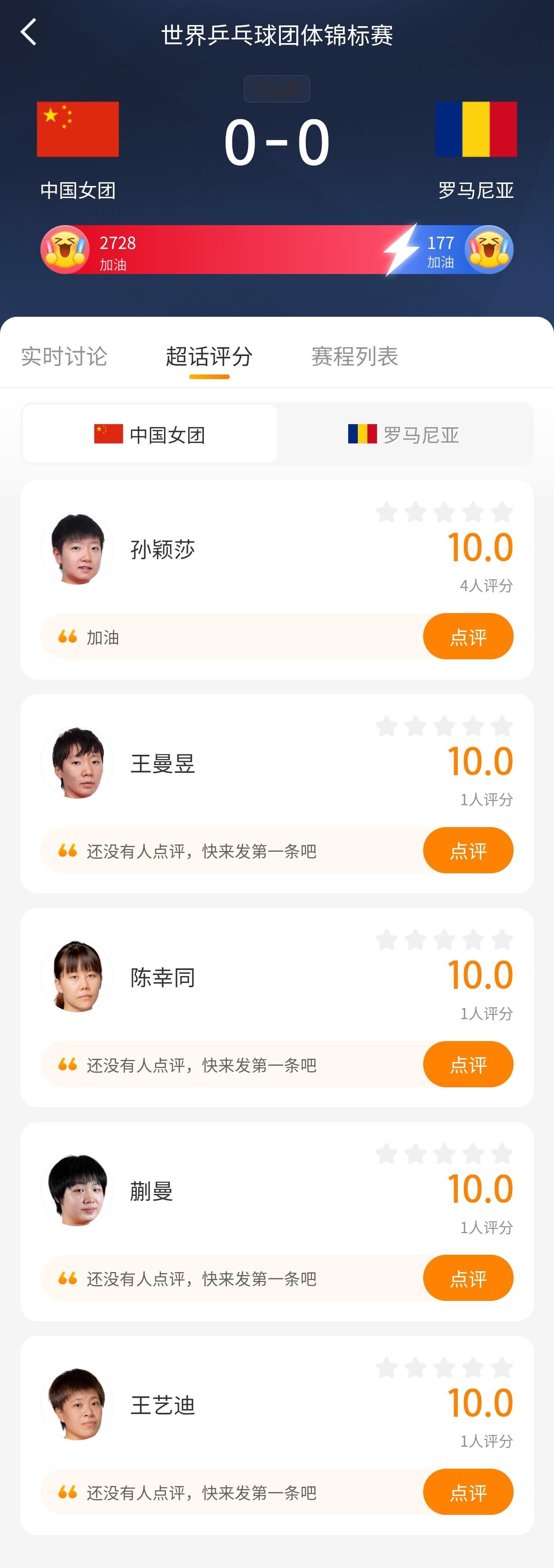 乒乓球一人一句话安利国乒中国女团vs罗马尼亚 比赛进行中，本场比赛的「超话评分」