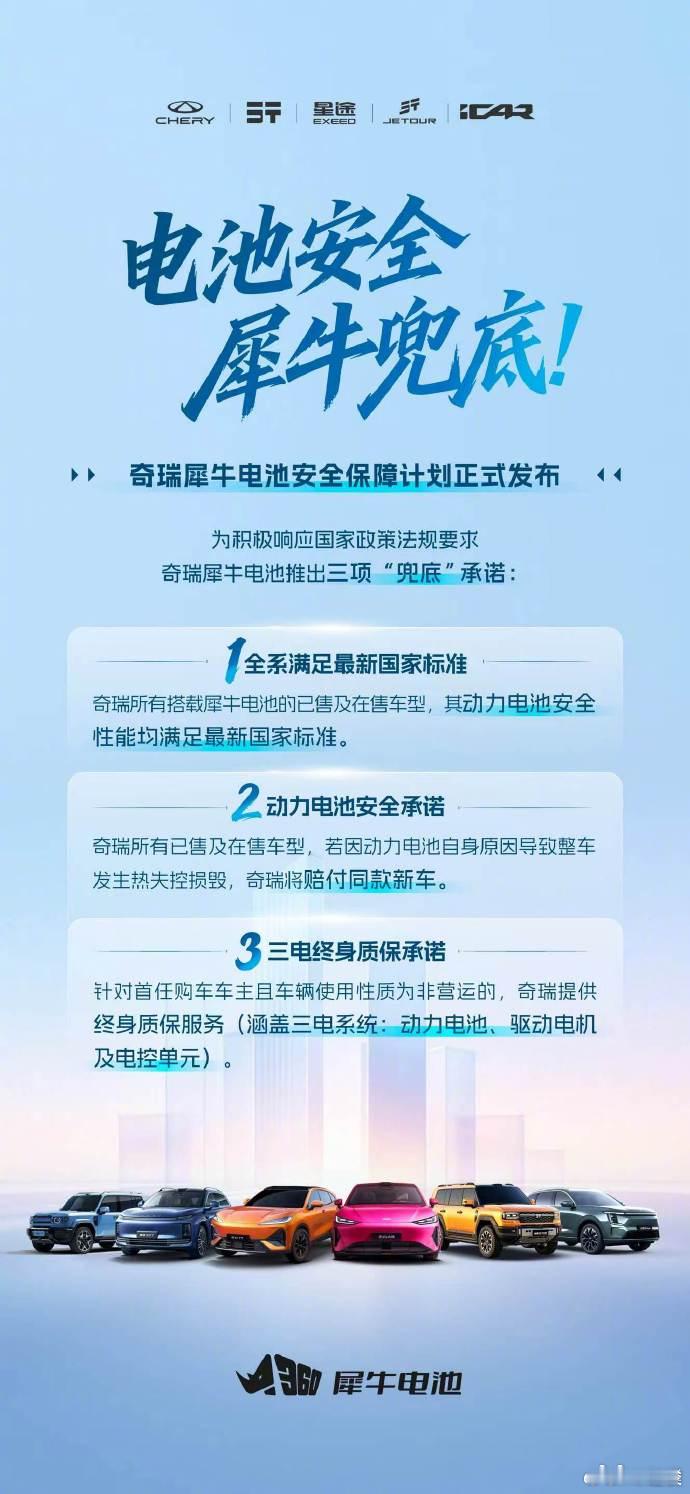 奇瑞宣布犀牛电池安全兜底计划 新国标一发布，大家都可以兜底了。其实说句不当说的，