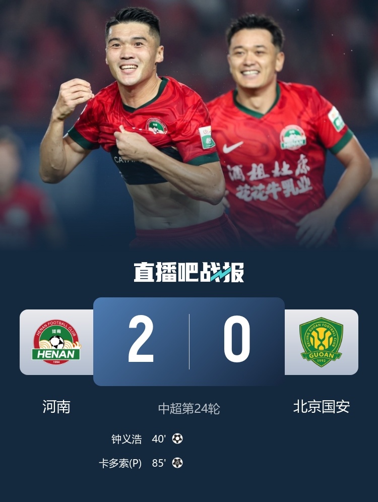 【#河南队2比0北京国安#】中超第24轮，国安客场0-2不敌河南，遭遇两连败！钟