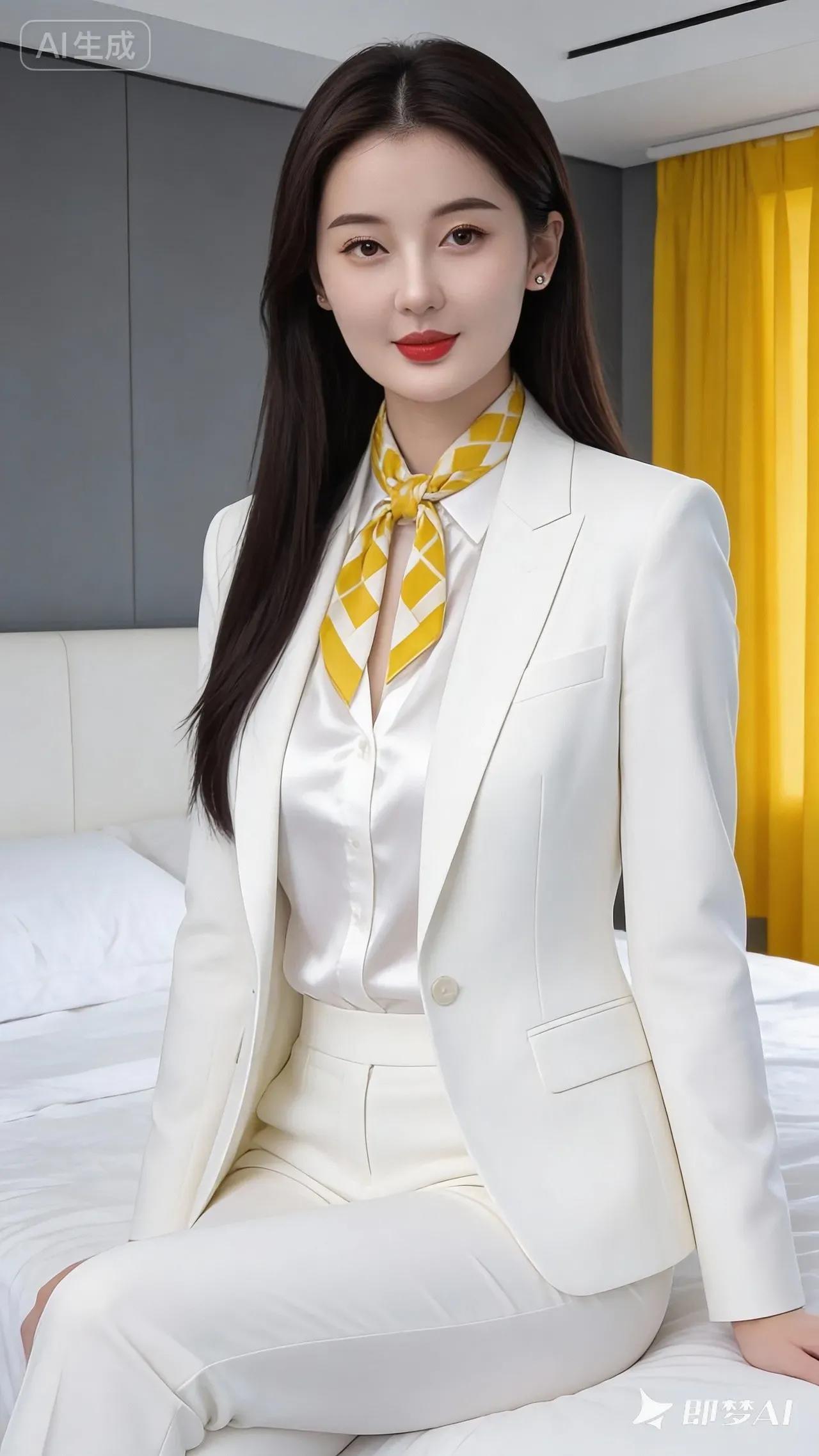 优雅职场风，白色西装搭配黄色领巾，尽显干练与时尚！
