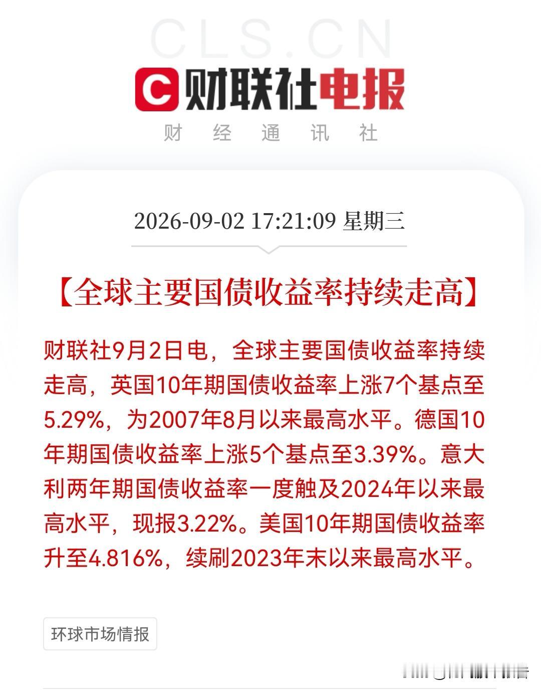 全球利率风暴眼来了！西方主要经济体国债利率依然“高烧不退”，难道今晚欧美股市还要