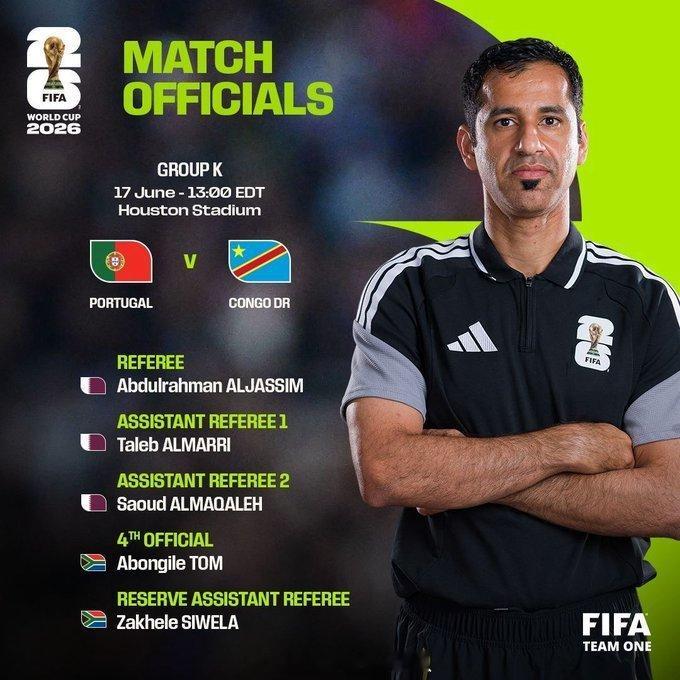 FIFA官方：葡萄牙vs民主刚果裁判组信息主裁判：阿卜杜勒拉赫曼·阿尔·贾西姆(