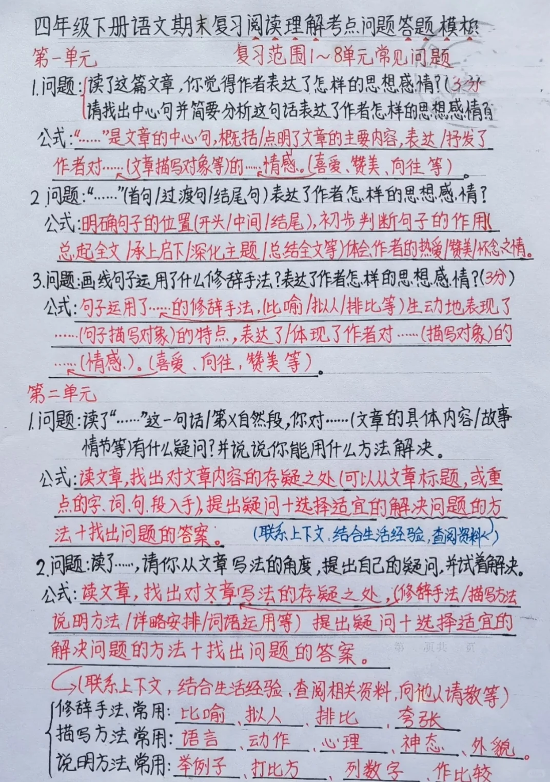 四年级下册语文期末考试阅读理解考点问题答题模板