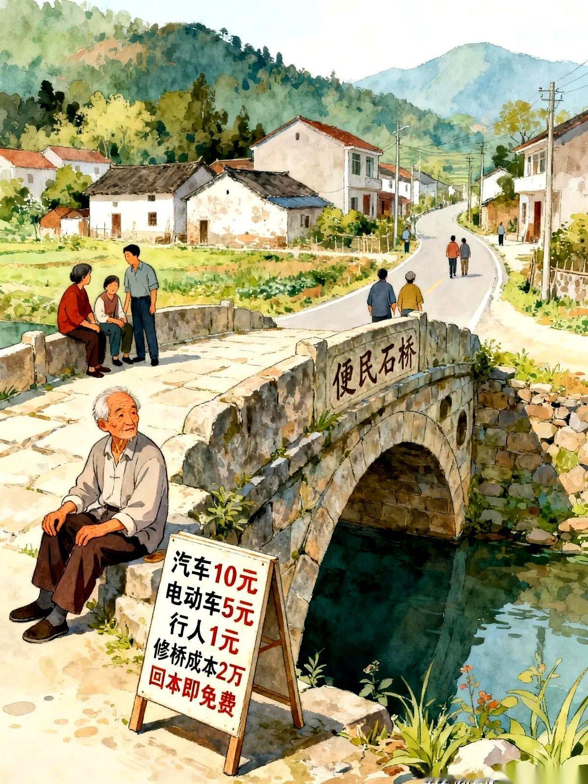 干了大半辈子石匠的大爷掏出两万块积蓄建好了一座石桥。
完工转头他就在桥头摆了个小