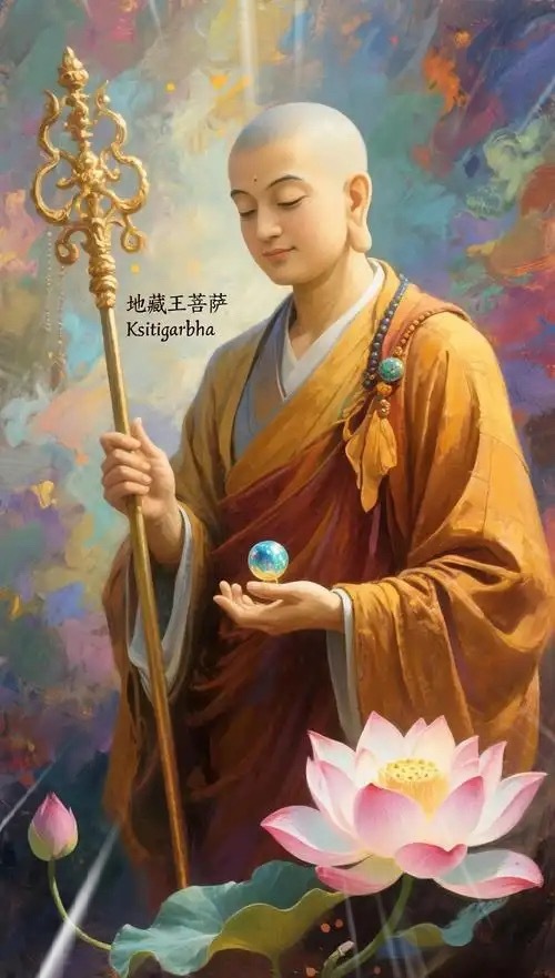 地藏王菩萨以宏深悲愿护念众生常见法相为手持锡杖与如意宝珠以愿灯照见幽暗   以慈