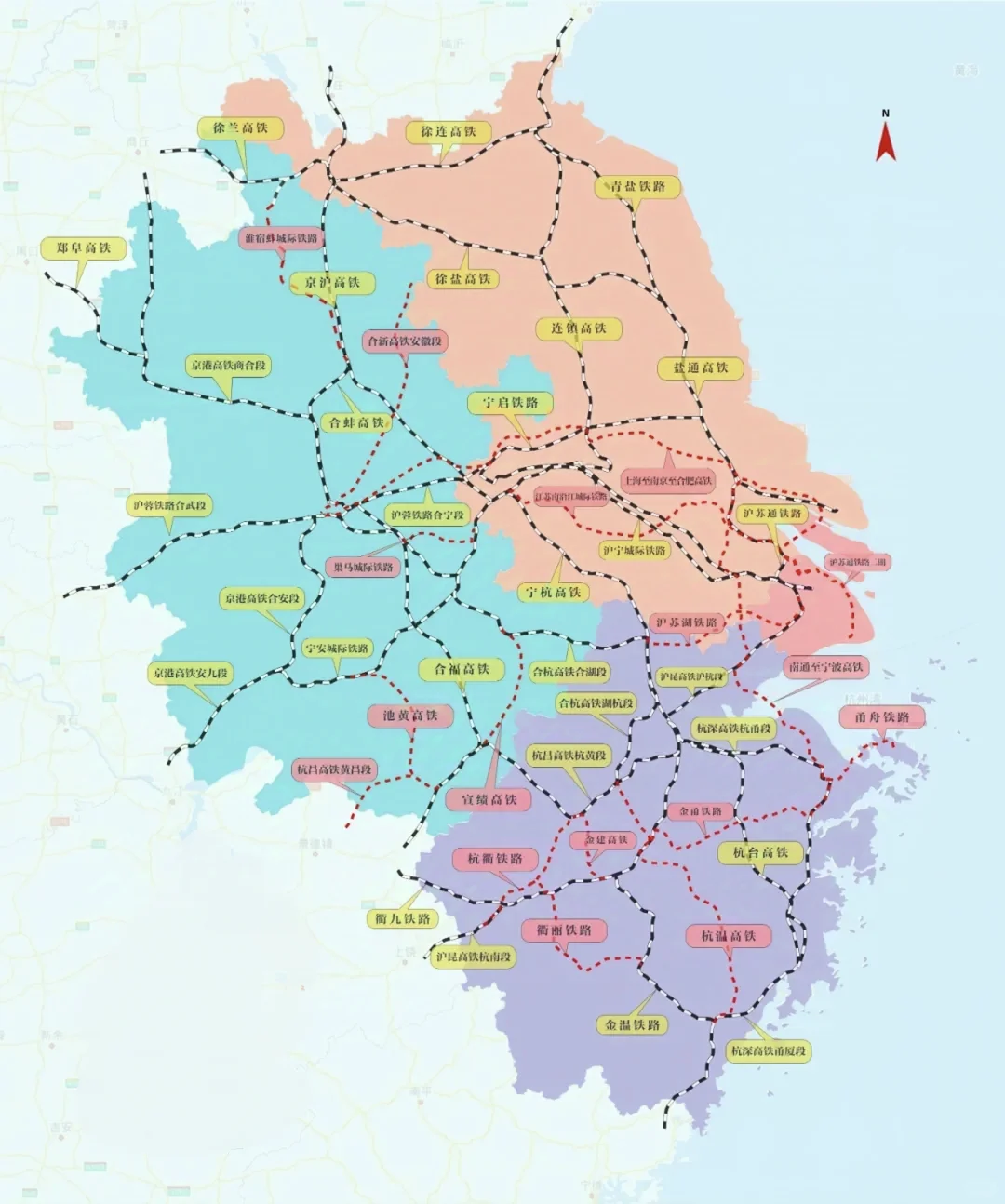 长三角区域高铁线路分布图（建成+在建）