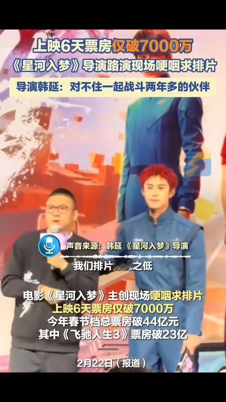 上映6天票房仅破7000万，《星河入梦》导演路演现场哽咽求排片。
导演韩延：对不