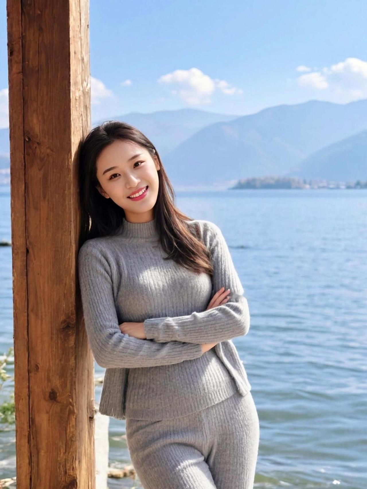 湖边的微风轻拂，阳光洒在波光粼粼的水面上，仿佛时间在此刻静止。倚靠在栏杆上的她，