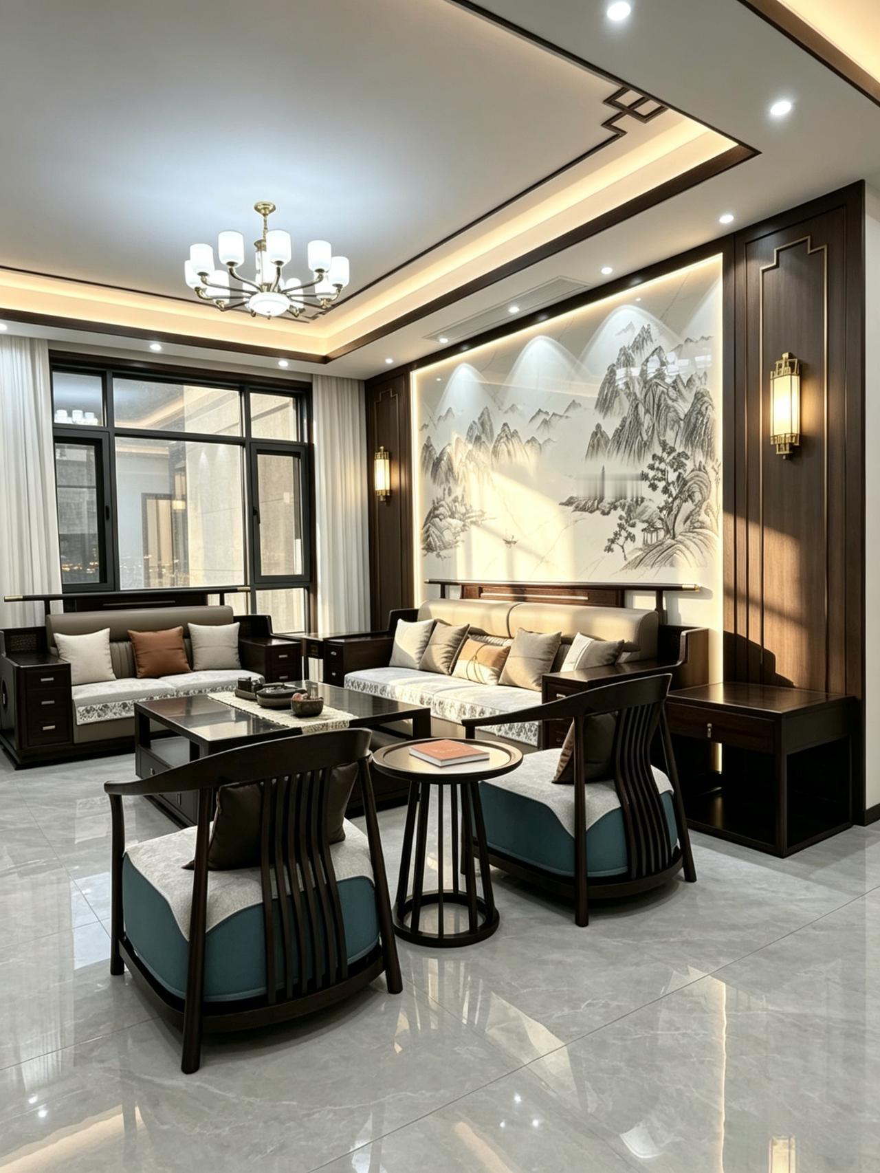 新中式客厅风格装修 客厅全套新中式沙发 新中式家具 全屋定制家具 客厅搭配