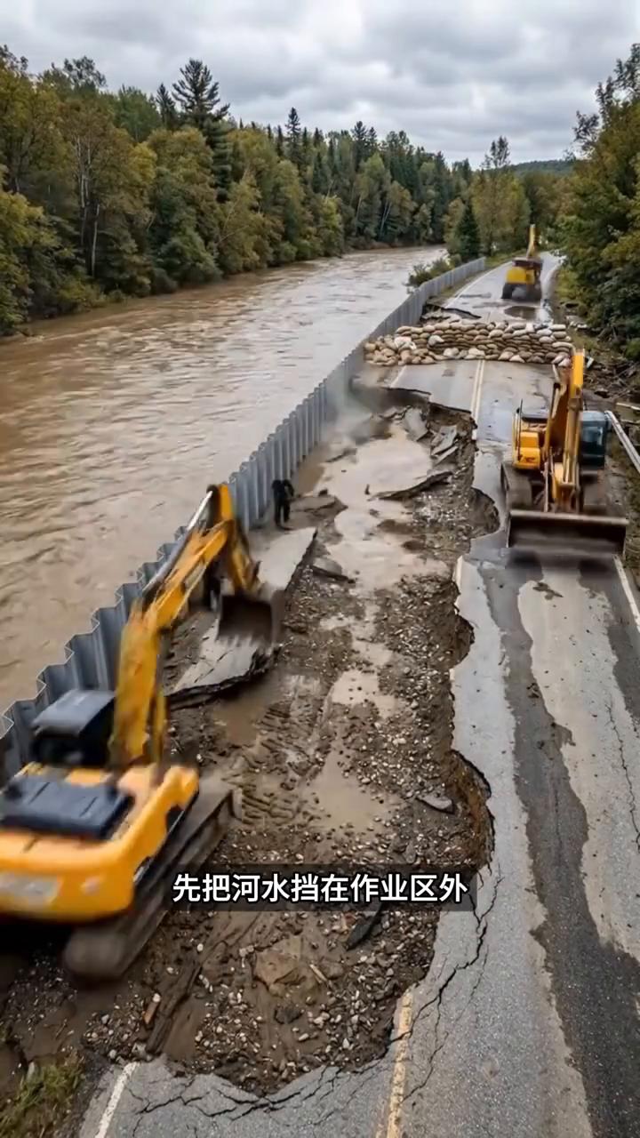 修路暗藏门道。
谁能想到这条被湍急洪水冲垮的临河公路居然是这样抢修的。
·施工第