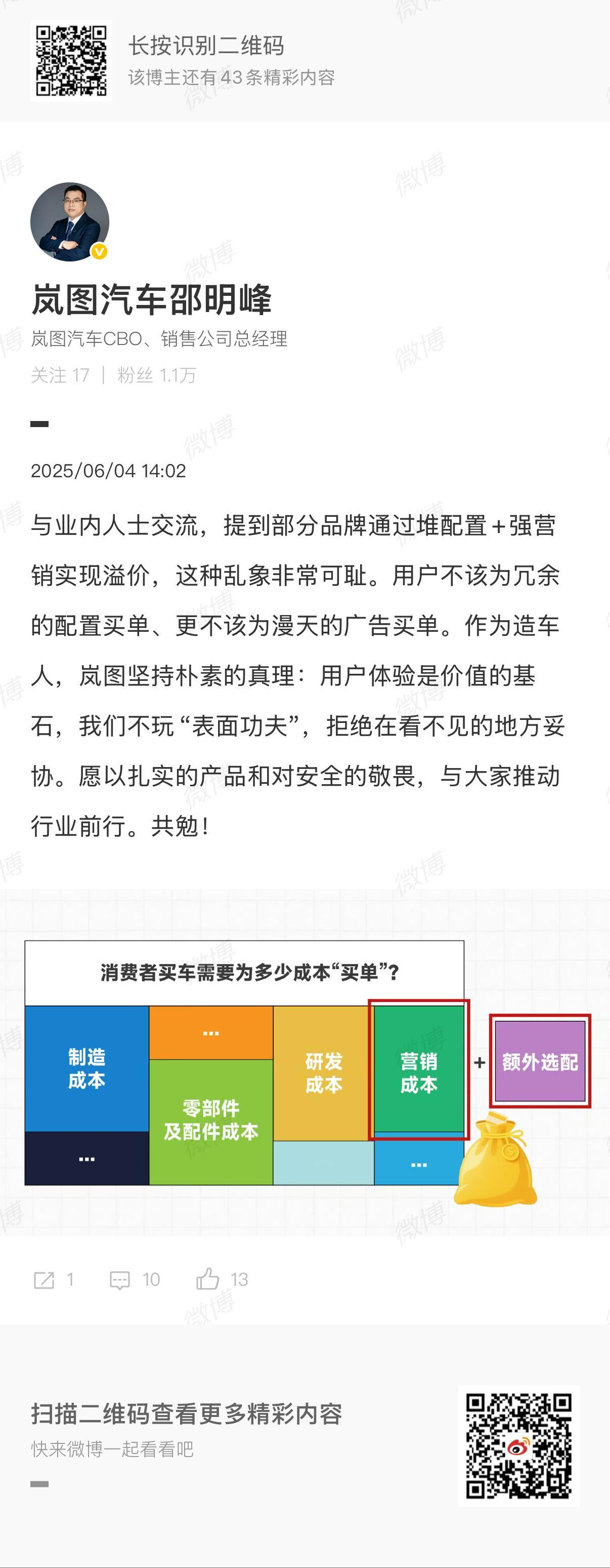 岚图邵明峰谈车圈溢价现象  岚图汽车CBO、销售公司总经理在个人微博发表了针对车