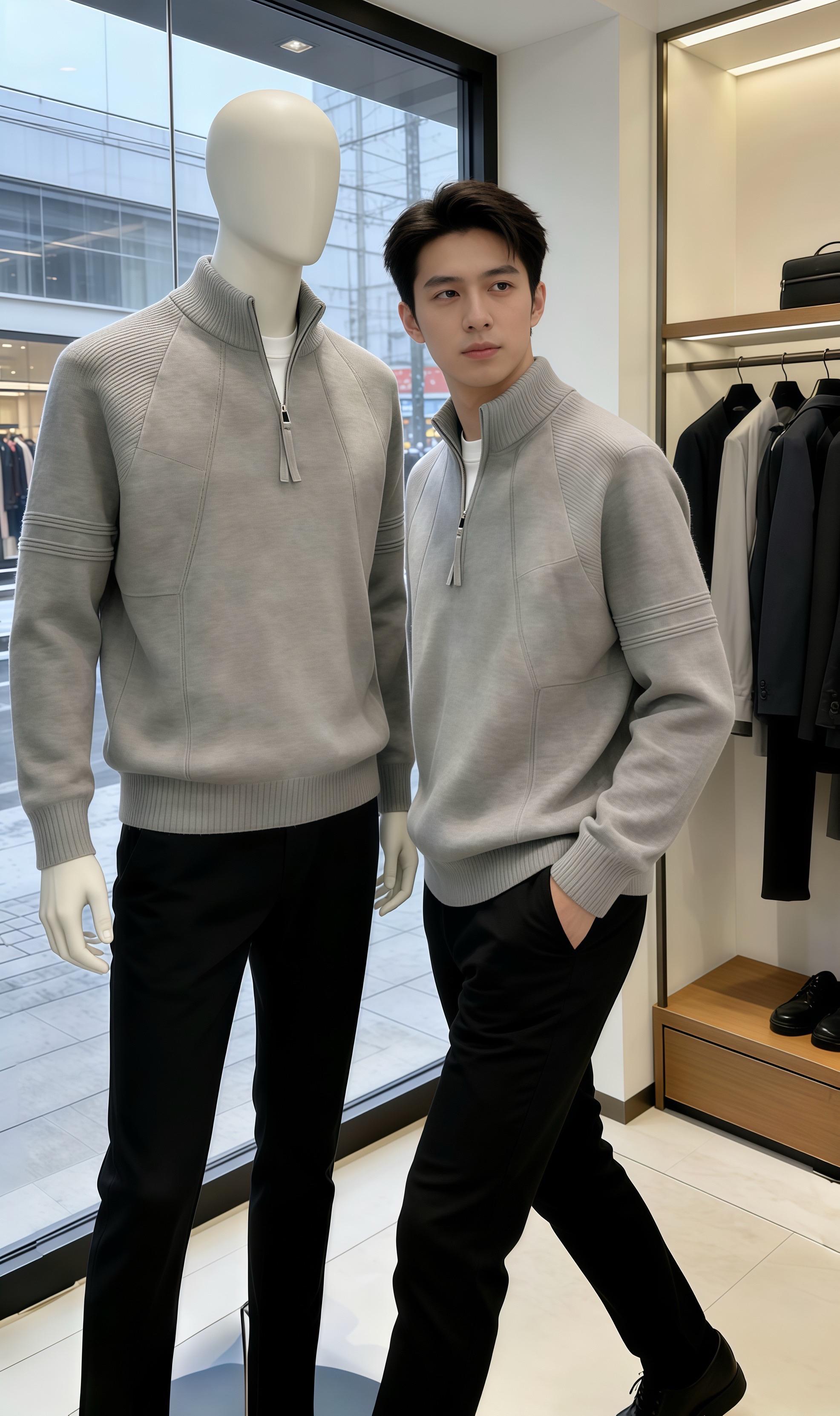 这件灰色半高领针织衫太懂男士穿搭了！半拉链设计增加层次感，软糯亲肤又保...