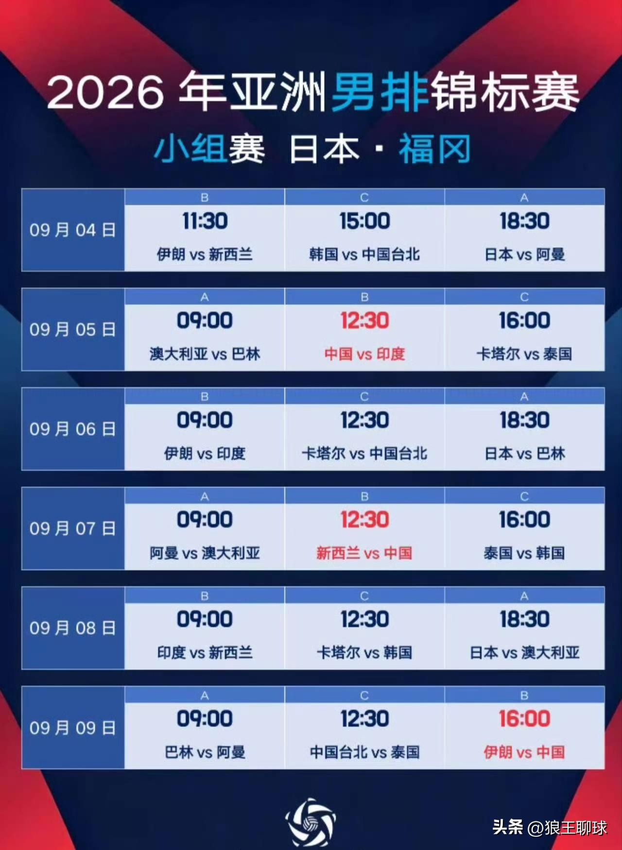2026男排亚锦赛小组赛日程（北京时间）

9/4（周五）
11:30 🇮🇷
