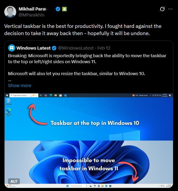 前微软高管透露曾为保留 Windows 11 垂直任务栏功能据理力争。具体👉?