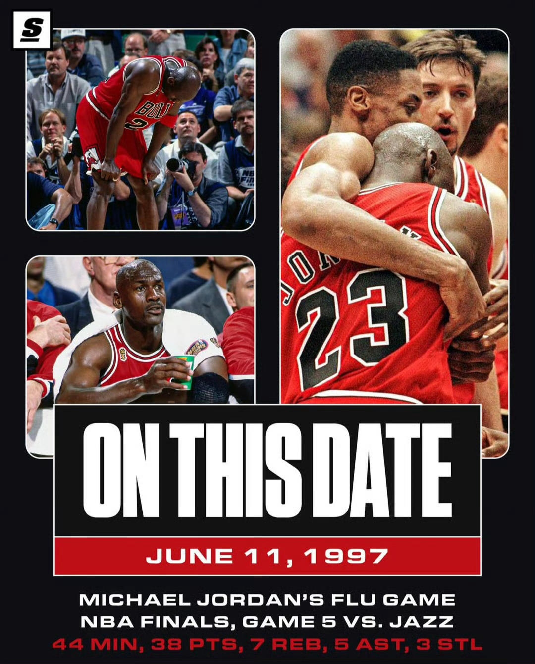1997年的今天，NBA总决赛G5，赛前乔丹患上严重的流感，身体几近虚脱。他依然