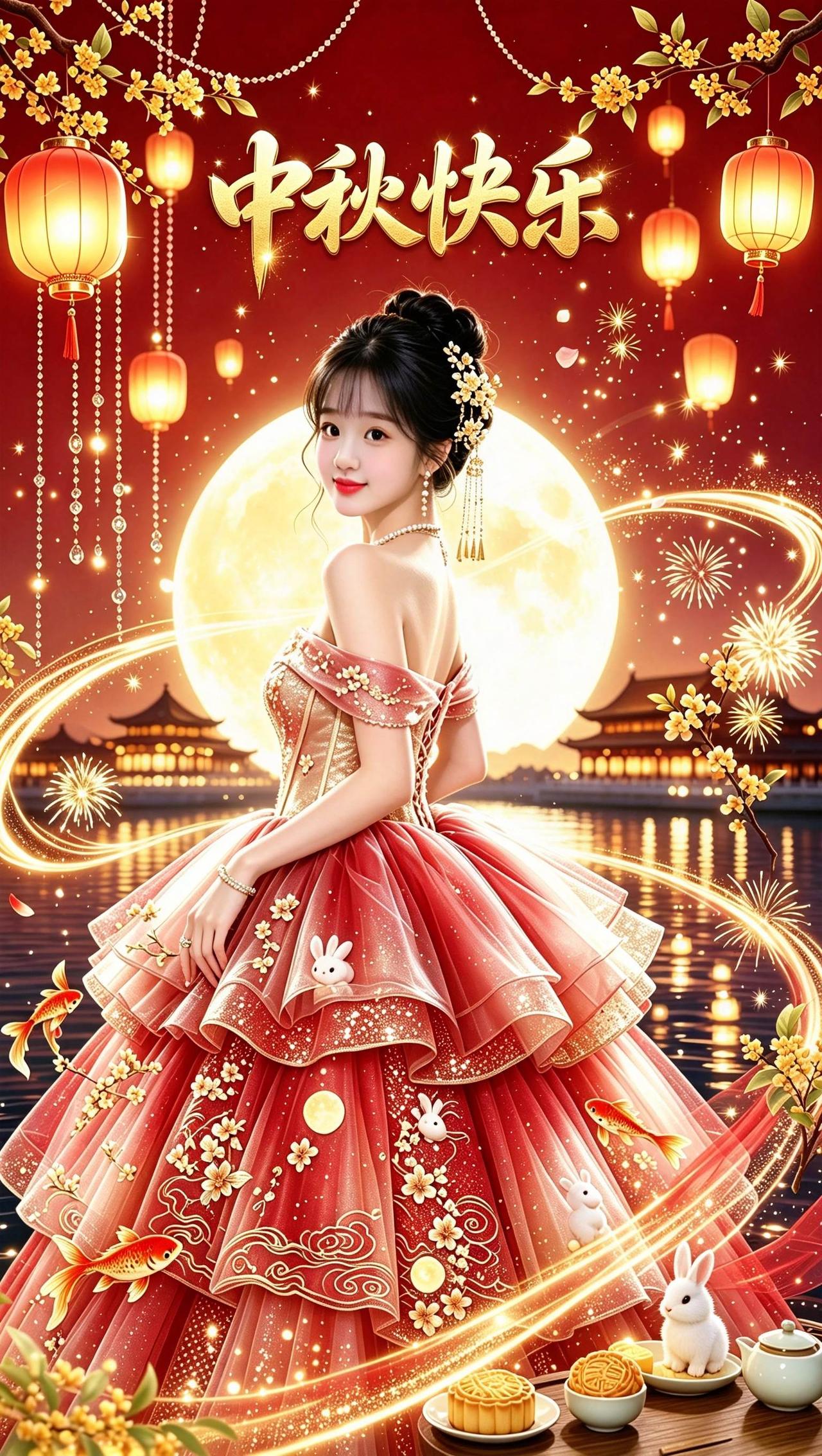 AI华丽中秋氛围感写真 抖音ai创作 中秋汉服裙 抖音玩法合伙人