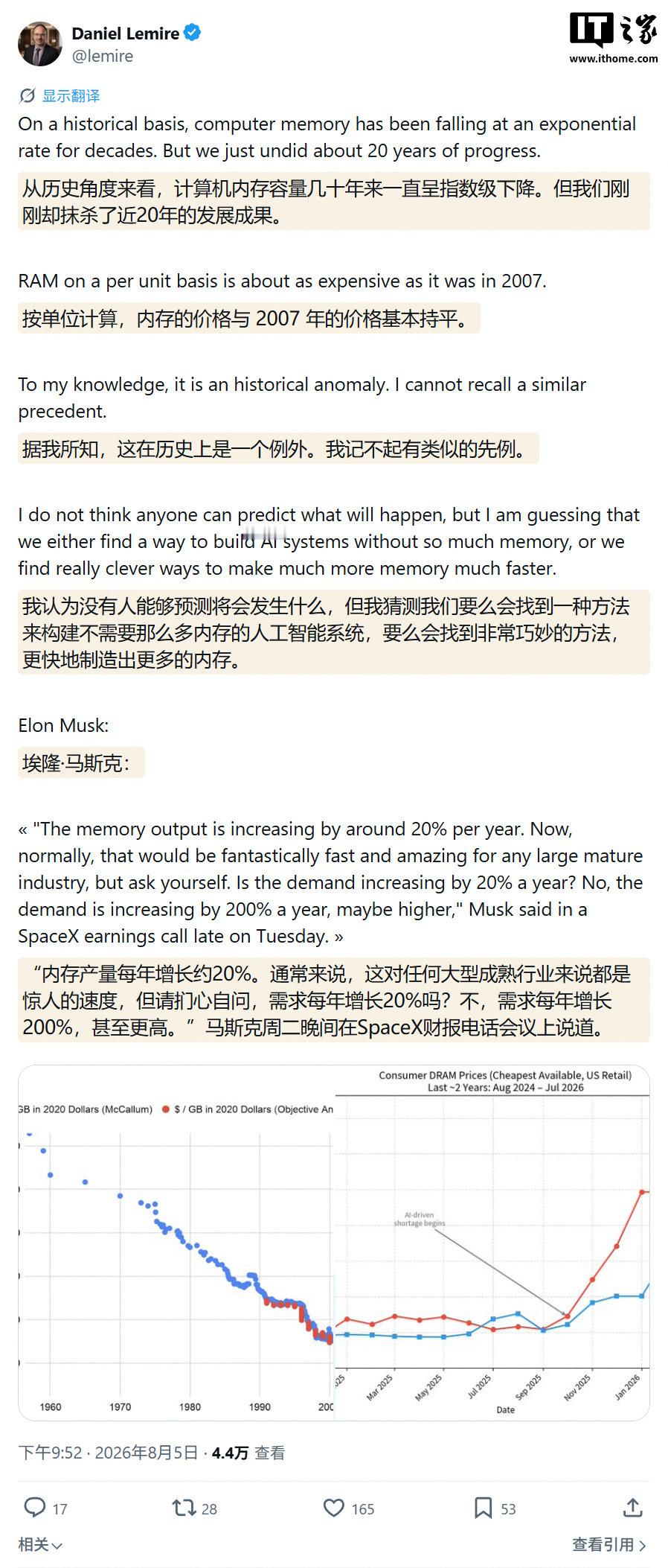 【内存价格涨回2007年】内存20年降价进程被逆转加拿大魁北克大学计算机科学教授