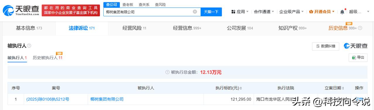 【椰树被执行12万 椰树因12万案款成被执行人】
天眼查天眼风险信息显示，近日，