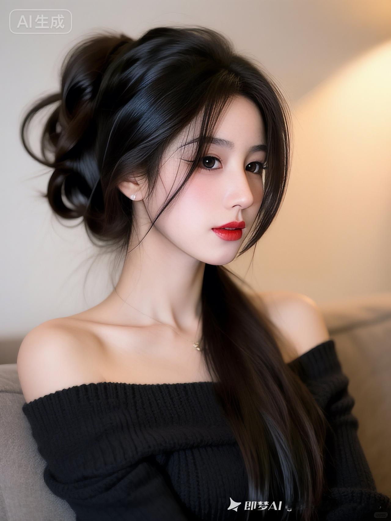 室内柔光下年轻女性，乌黑发丝次表面散射通透有光泽，高颅顶半扎发自然垂落。五官精致