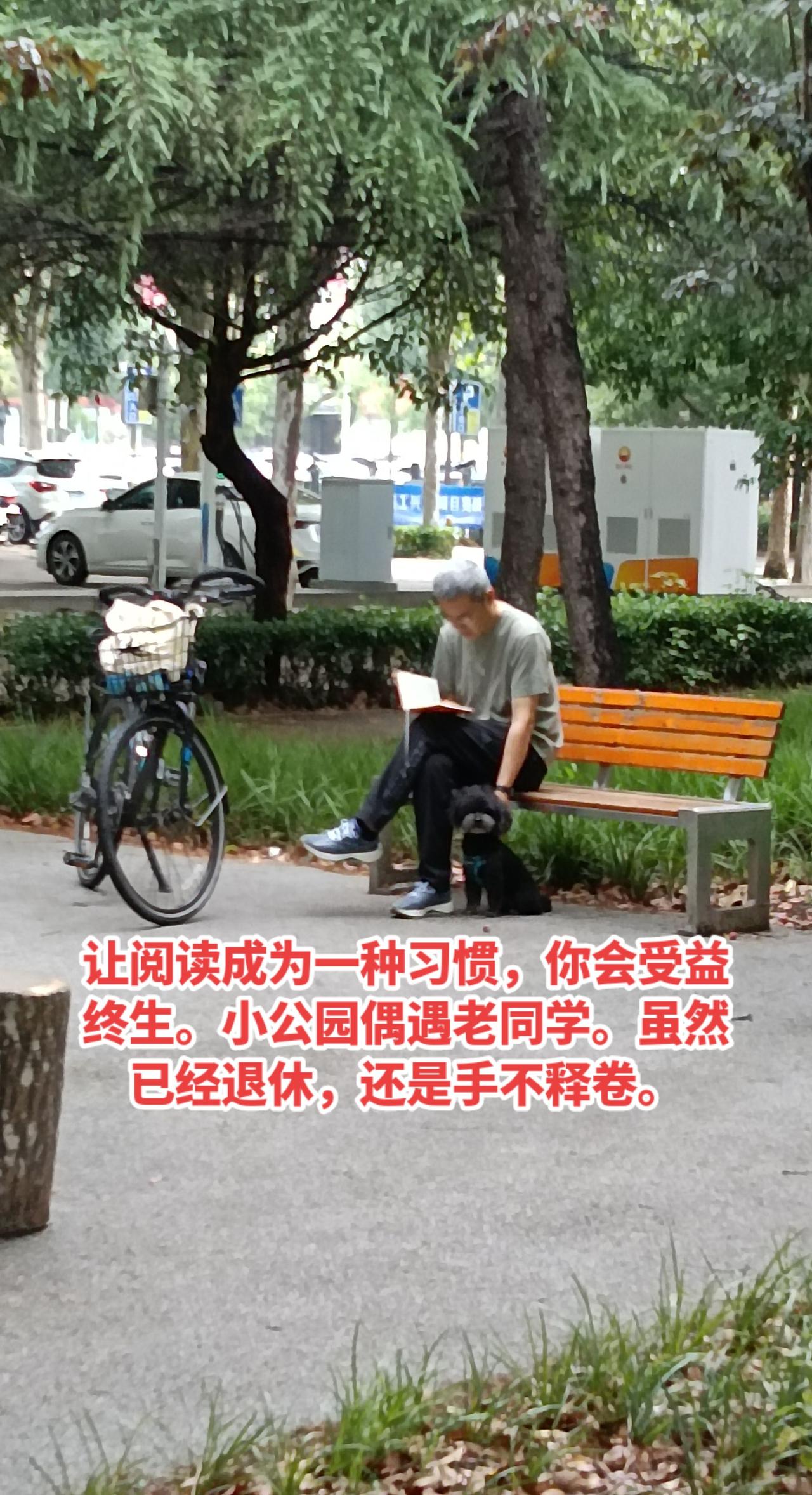 滕州口袋公园偶遇老同学在晨读。岁月沧桑，四十多年的风雨历程，已经让我们一起晨读，