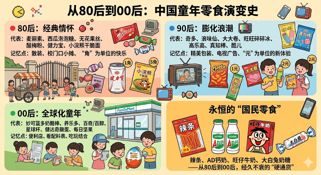 国民零食图鉴🔴 80后：朴素年代代表：麦丽素、西瓜泡泡糖、无花果丝、酸梅粉、健