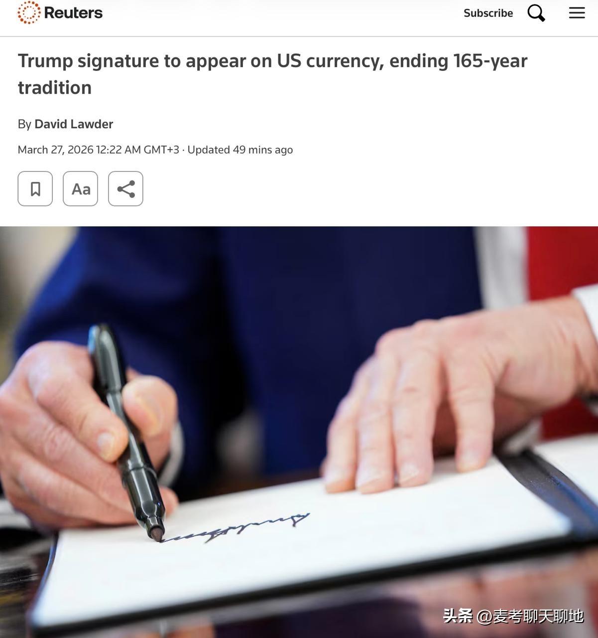 特朗普签署行政命令，在所有美元钞票上印上他的签名，打破了数百年来的传统。
自18